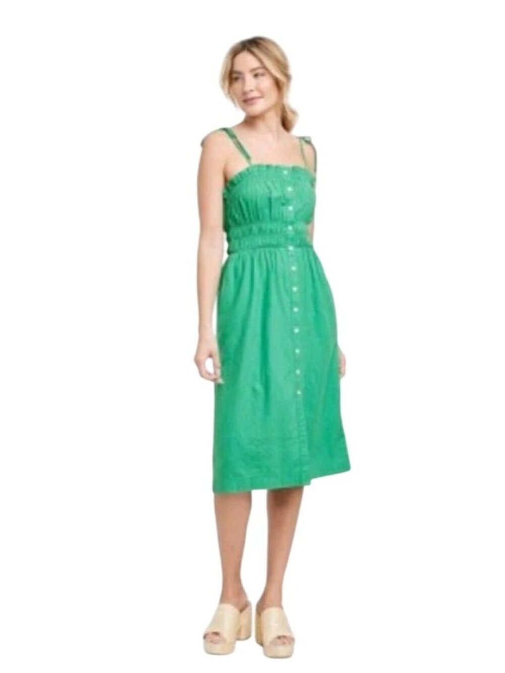 Womens Green Smocked Midi Dress XS Sundress Adjustable Straps Linen Blend Summer